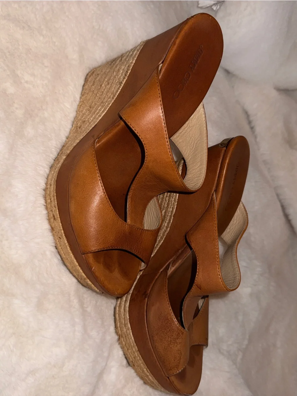 Jimmy Choo Cognac Leather Espadrille Wedge Sandals